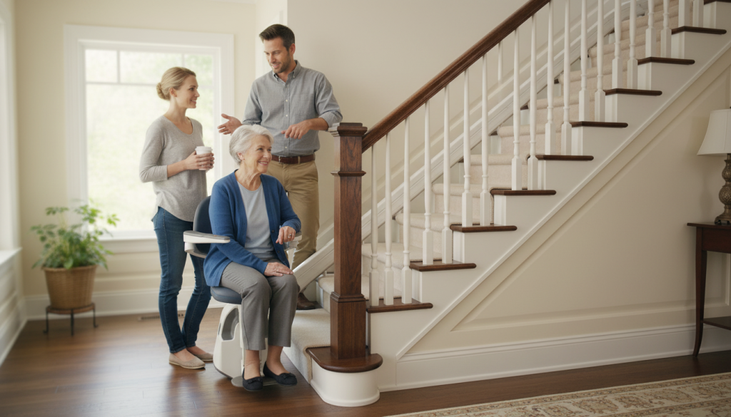 An older woman sits on a stairlift at the base of a staircase, showcasing thoughtful mobility adaptions in a well-lit home while two adults stand nearby, engaged in conversation.