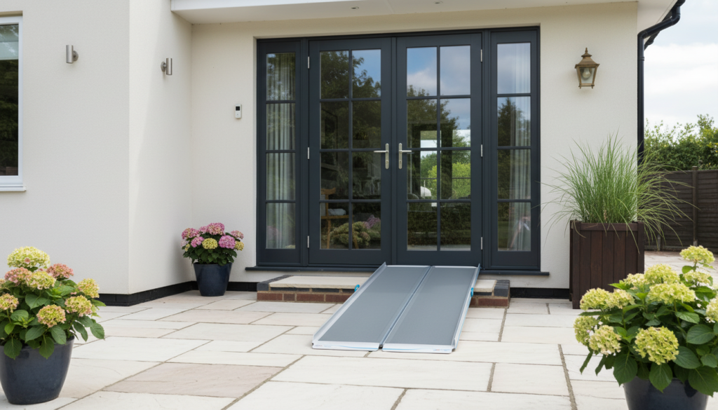 A portable metal wheelchair ramp, part of thoughtful Mobility Adaptions Home, is placed over a single step leading to glass double doors at the entrance, surrounded by potted flowering plants.