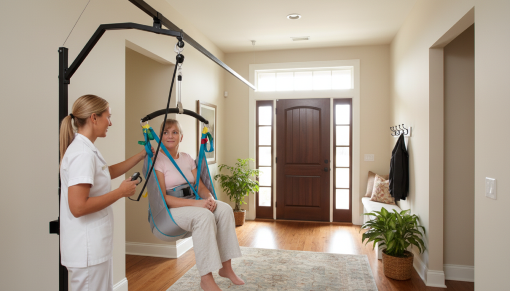 A caregiver in uniform operates a ceiling lift, transferring a seated woman in a harness, highlighting mobility adaptions in a well-lit residential entryway with wood flooring and a rug.
