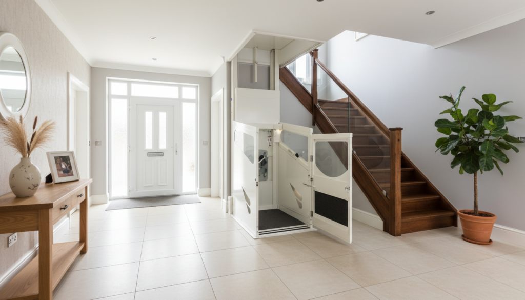 A modern hallway featuring tiled floors, a wooden staircase, a home lift for mobility adaptions, a console table with decor, a large potted plant, and a white front door letting in natural light.