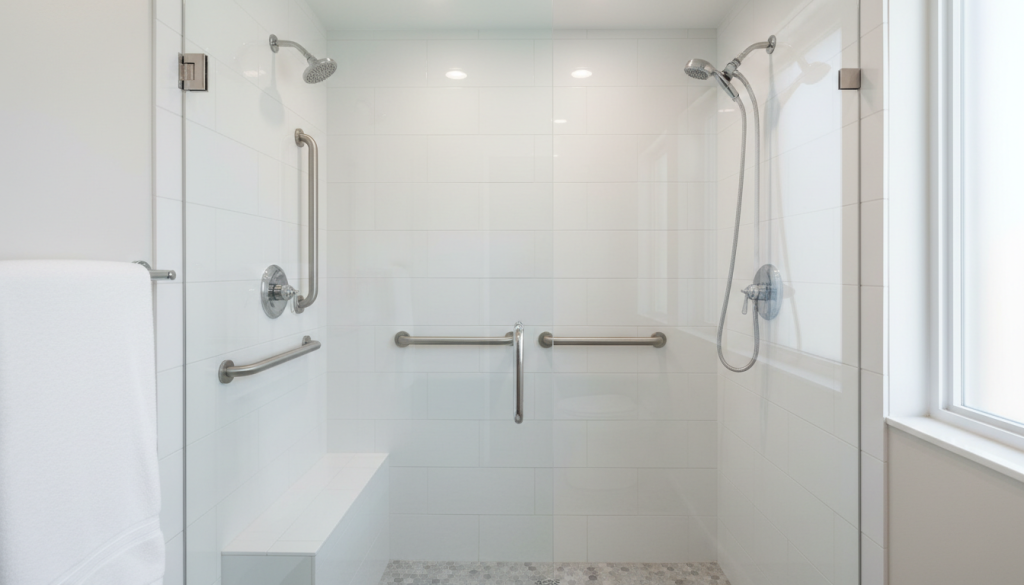 Accessible shower with white tiled walls, dual showerheads, three grab bars, a built-in bench, and a towel hanging on a rail outside. Natural light enters through a window on the right—ideal for mobility adaptions home needs.