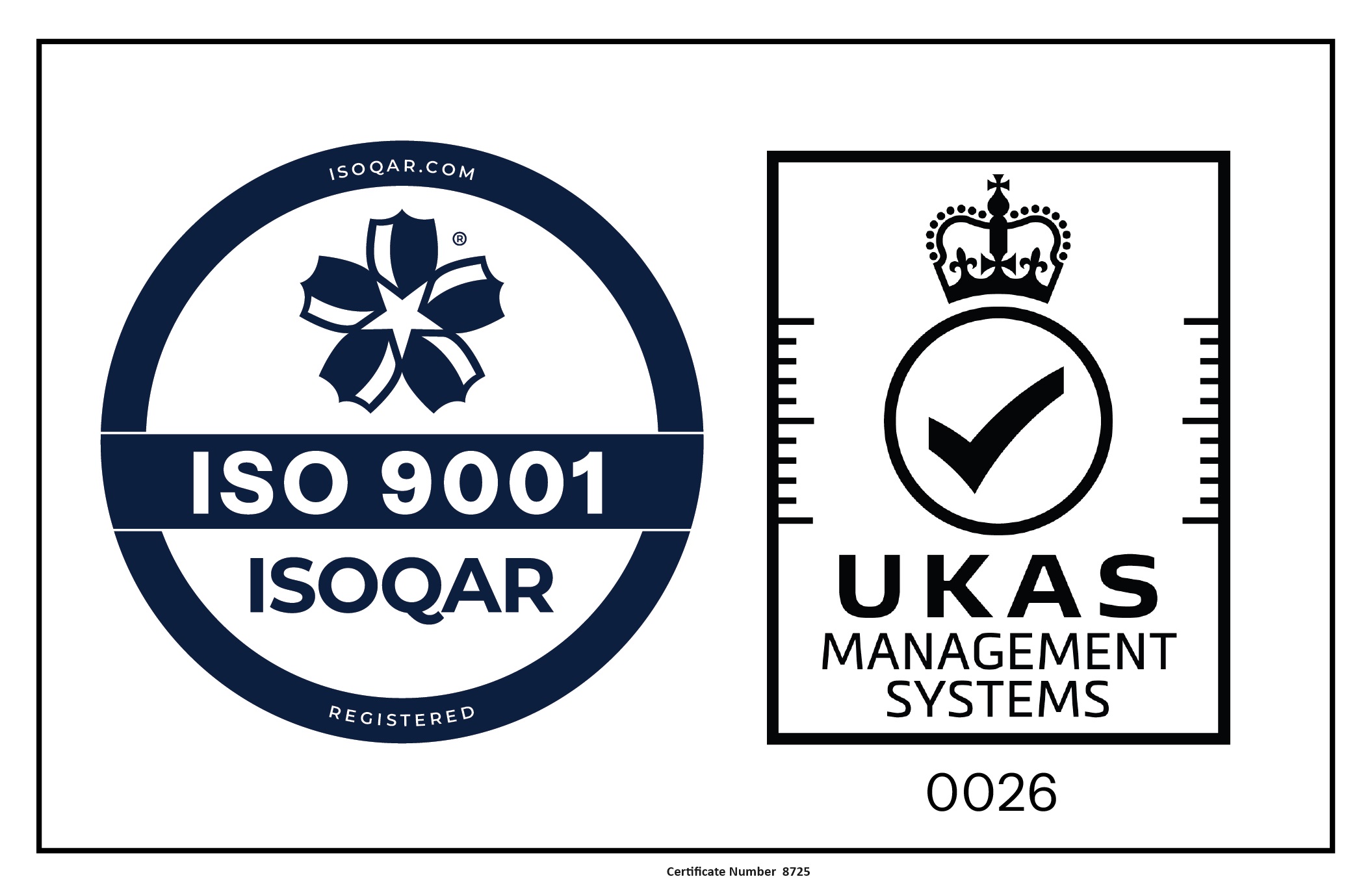 A certification badge displaying ISO 9001 by ISOQAR and a UKAS Management Systems accreditation with certificate number 8725.