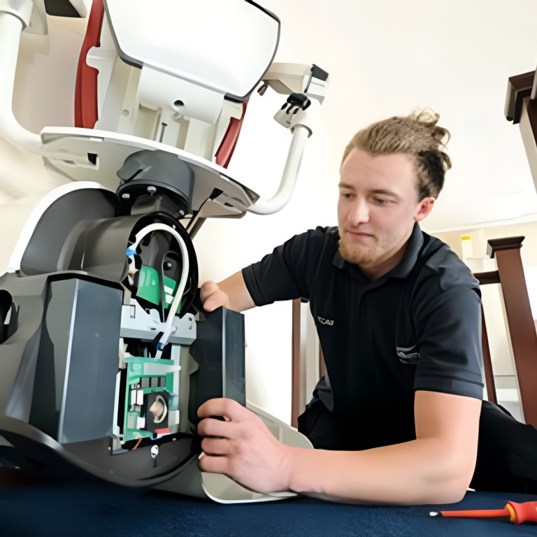A technician with a man bun works on the base of a stairlift, examining and adjusting its internal components. A screwdriver and other tools lie nearby, indicating the meticulous attention given to ensuring all areas covered are in perfect working order.