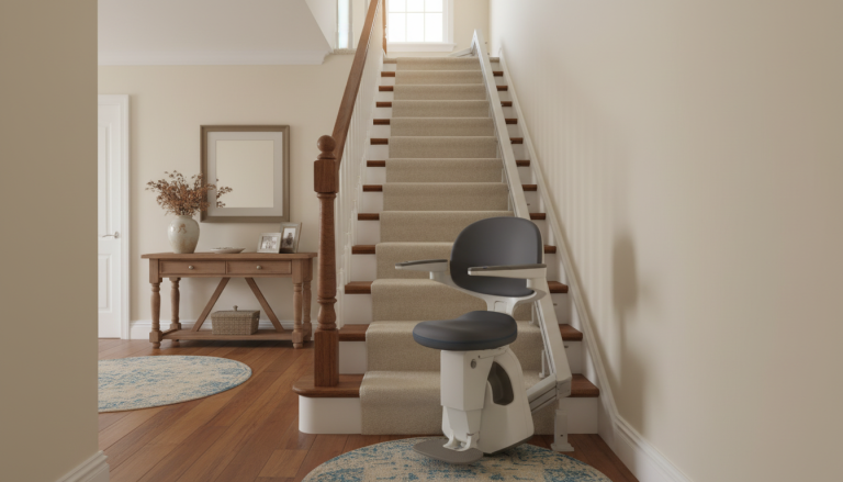 A stairlift is installed on a carpeted, narrow staircase in a hallway with hardwood floors, a wooden console table, and decorative rugs.
