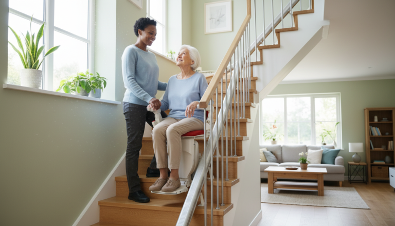 An older woman sits on a stairlift while a younger woman stands beside her, holding her hand in a bright, modern living room—highlighting comfort and support while considering stairlift cost.