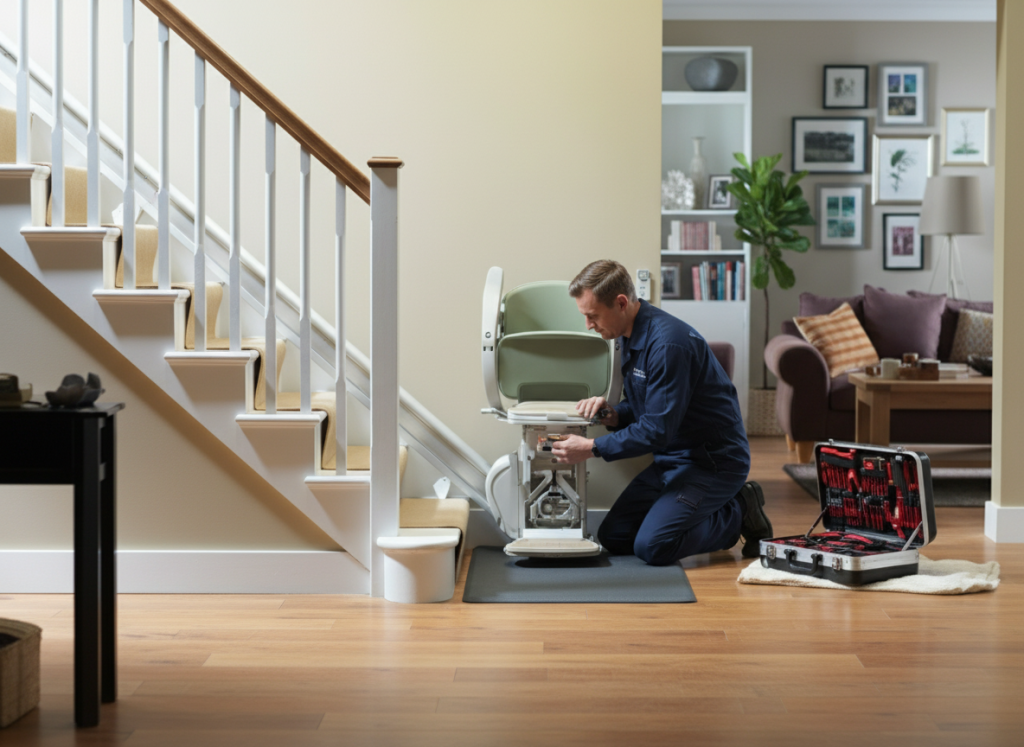A technician kneels at the base of a staircase in a home, installing or repairing a stairlift and checking the stairlift batteries, with a tool case open beside him.