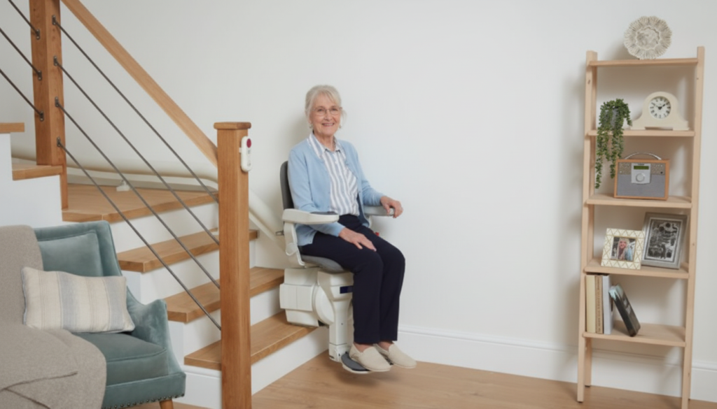 An older woman sits on a stairlift at the base of a staircase in a modern, well-lit living room with a bookshelf and sofa, considering the stairlift cost for added convenience and accessibility.