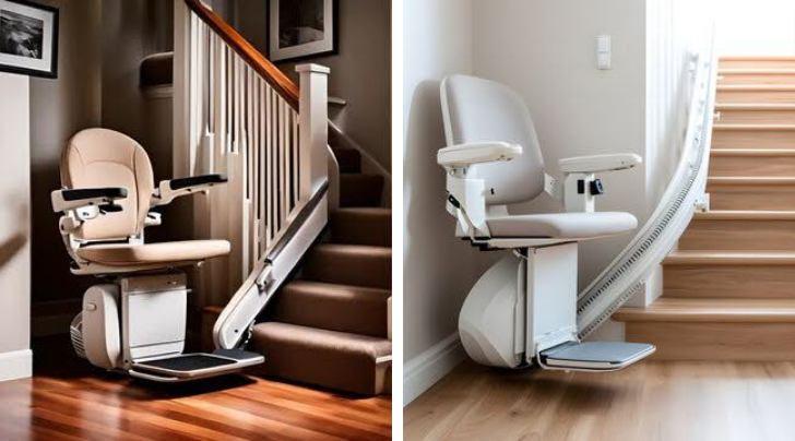 Side-by-side images of straight stairlifts and curved stairlifts installed on residential staircases, each featuring a padded seat, armrests, and a rail system along the stairs.