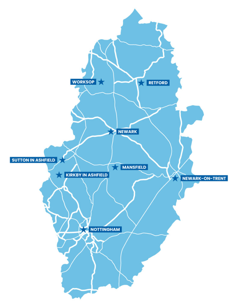 Map of Nottinghamshire, UK, showing major roads and marking key areas and towns including Nottingham, Newark, Mansfield, Retford, Worksop, Sutton in Ashfield, and Kirkby in Ashfield—highlighting the areas covered.