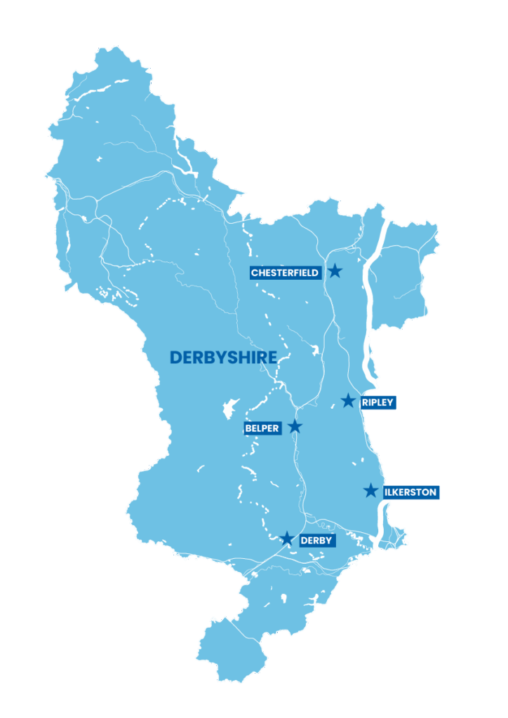 Map of Derbyshire with labeled locations and major roads, highlighting key Areas Covered such as Chesterfield, Ripley, Ilkeston, Belper, and Derby.