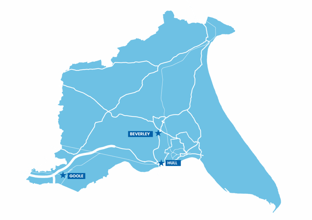 A simplified map highlights the locations of Goole, Beverley, and Hull in East Yorkshire, with major roads marked in white to show the Areas Covered.