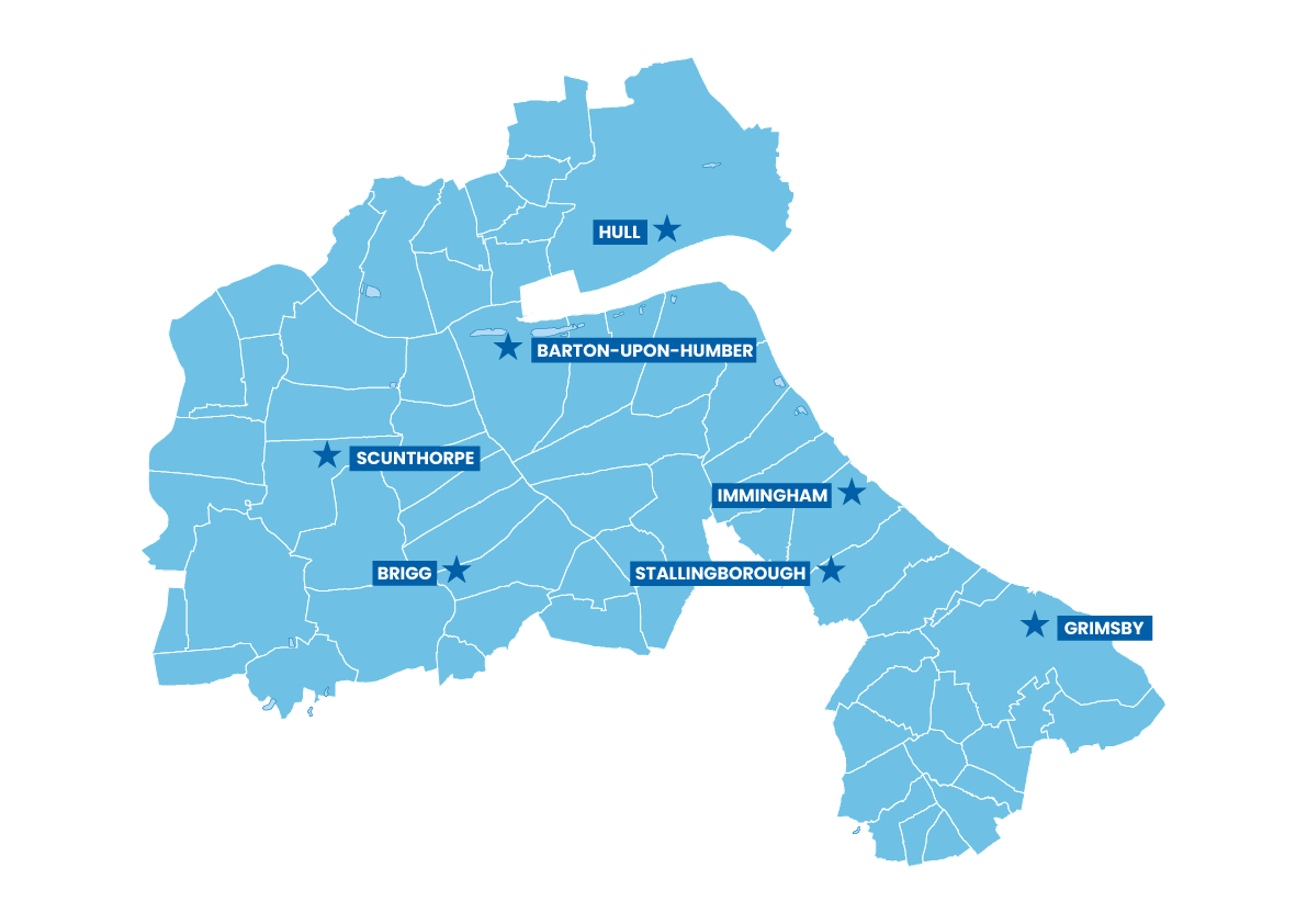 Map showing Areas Covered in the Humberside region, divided into sections with major towns labeled: Hull, Barton-Upon-Humber, Scunthorpe, Brigg, Immingham, Stallingborough, and Grimsby.