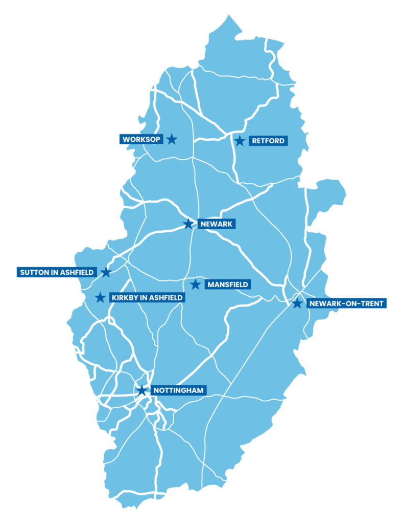Map of Nottinghamshire highlighting major towns including Nottingham, Mansfield, Newark-on-Trent, Retford, Worksop, Sutton in Ashfield, and Kirby in Ashfield. Discover the key Areas Covered across Nottinghamshire.