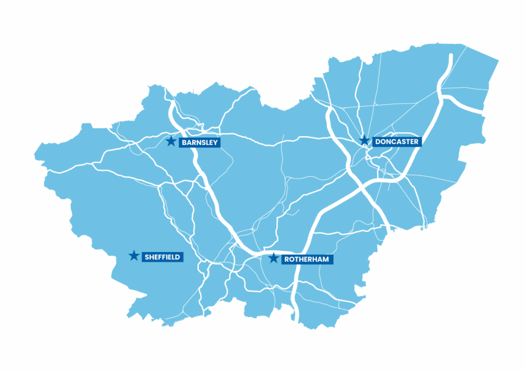 Map of South Yorkshire highlighting main roads and key South Yorkshire areas, including Barnsley, Doncaster, Rotherham, and Sheffield.