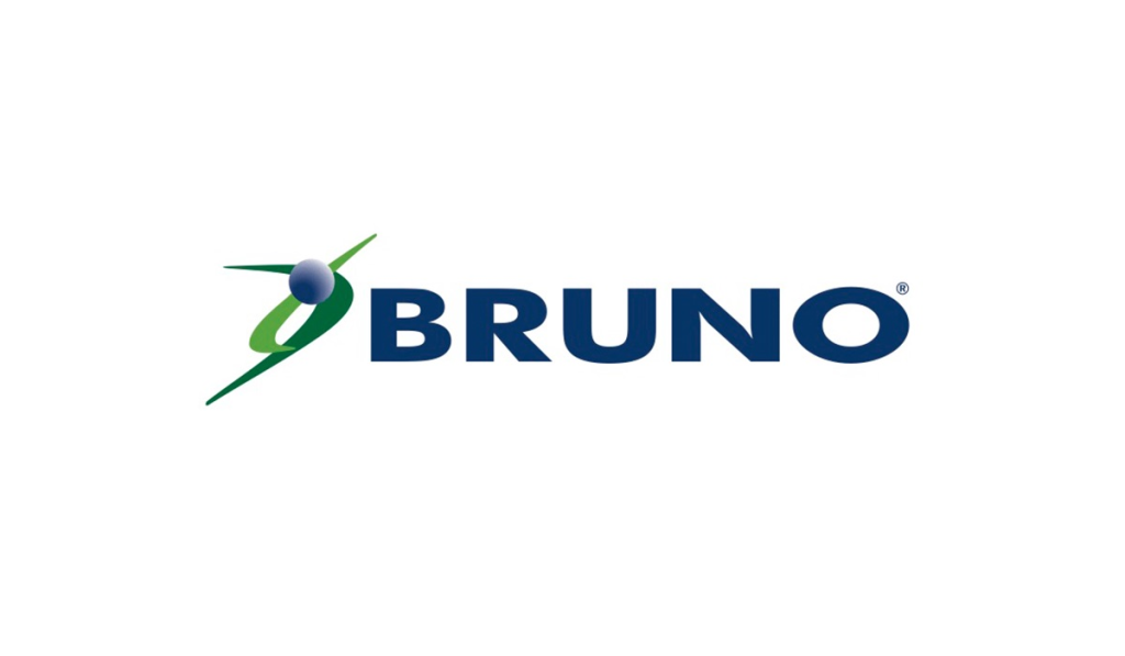 BRUNO logo with blue text and a green abstract design featuring a sphere and two intersecting lines on a white background, representing one of the leading stairlift brands.
