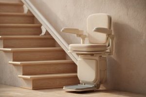 A beige stairlift with a padded seat and armrests is installed beside a wooden staircase in a well-lit interior, with professional installation included and warranty coverage offered for peace of mind.
