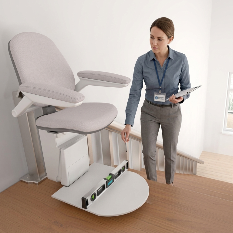 A woman in business attire inspects a stairlift with a clipboard, using a level tool at the bottom of the staircase—ideal for showcasing accessibility solutions on an Elementor Single Page site. #36021.