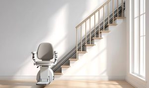 A motorised stairlift chair is attached to a straight staircase in a bright, modern room with wooden floors and natural light, offering personalised mobility solutions for your home. Contact us for stairlift pricing.