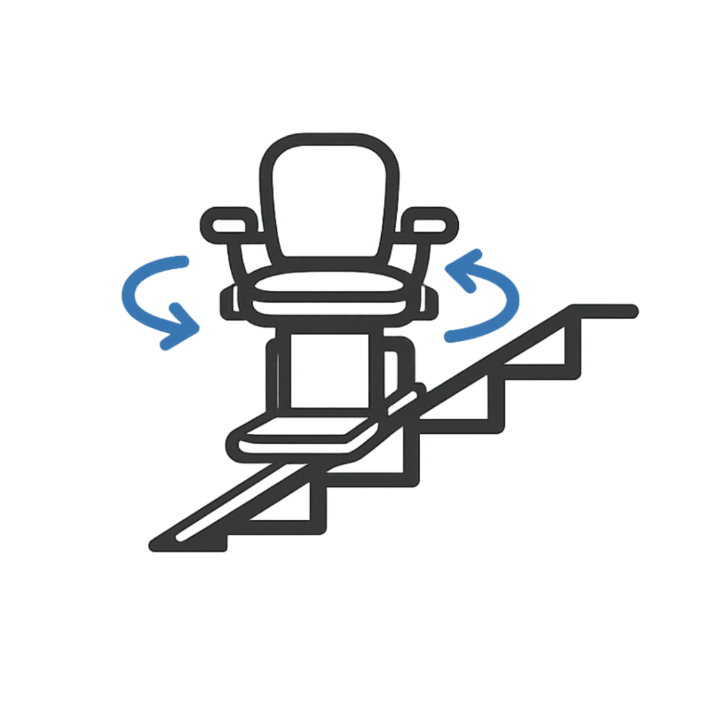 Line drawing of a stairlift chair on a staircase rail, with blue arrows indicating the chair's ability to swivel—a clear feature to consider when exploring stairlift personalisation or comparing stairlift pricing options.