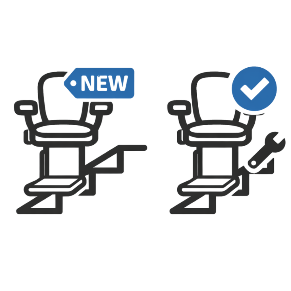 Two stairlifts on stairs: one labelled "new," the other with a tick and spanner, illustrating new and serviced stairlift options to suit your needs, with stairlift personalisation and clear stairlift pricing available.