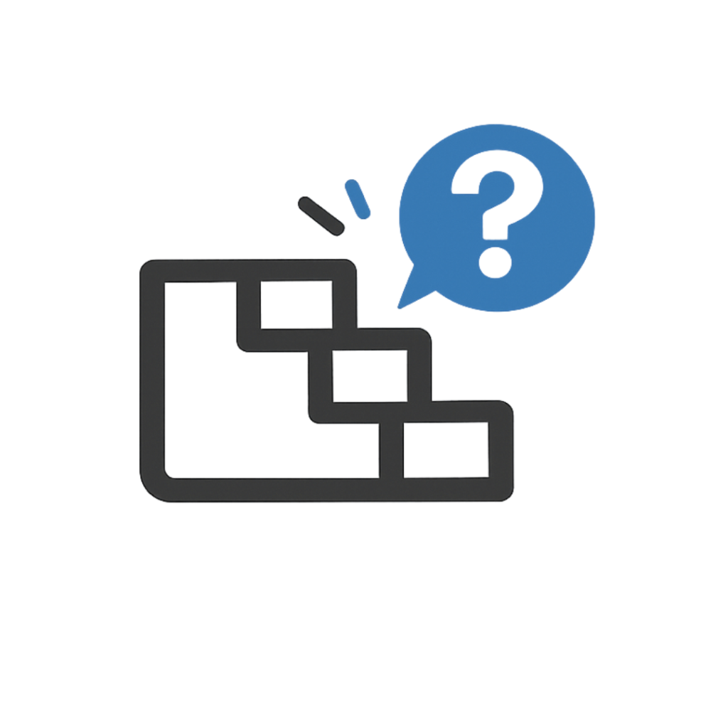 Simple illustration of stairs with a blue speech bubble containing a white question mark above them, suggesting a question about steps, progress, or stairlift pricing.