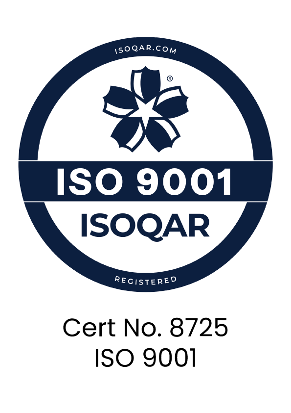 ISOQAR ISO 9001 certification badge with Cert No. 8725 displayed beneath the logo, indicating ISO 9001 registration.