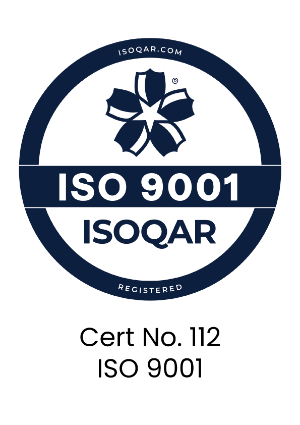 A circular ISOQAR ISO 9001 certification badge with “Cert No. 112” and “ISO 9001” written below on a white background.