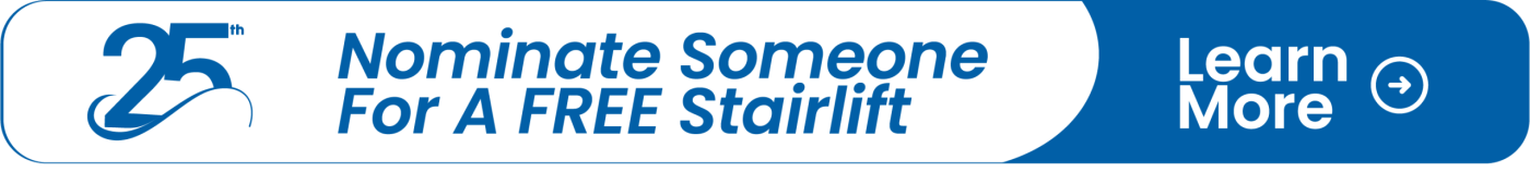 Banner promoting the 25th anniversary of a campaign to nominate someone for a free stairlift, with a "Learn More" button on the right.
